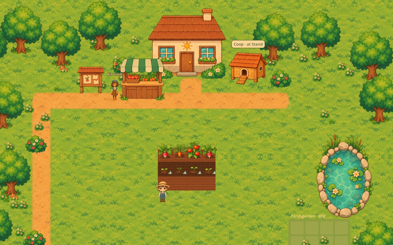 The current Little Loam chibi farm: a straw-hatted farmer beside radishes, carrots, and tomatoes, with a cottage, farm stand, and pond nearby.